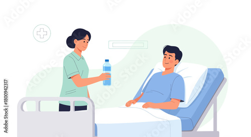 Caring Nurse Provides Hydration to Patient in Hospital Room Illustration