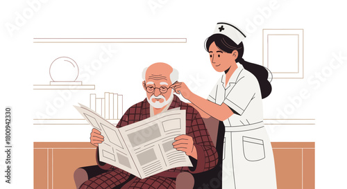 Caring Nurse Helping Senior Read Newspaper in Assisted Living Facility