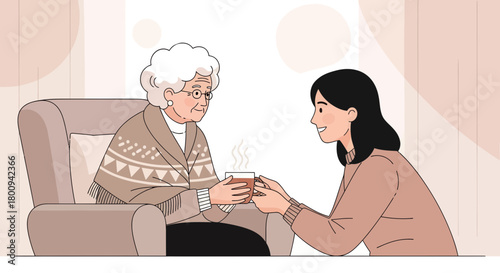 Caring Young Woman Serves Cup Of Tea To Elderly Lady With A Gentle Smile