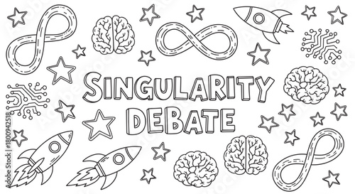 A black and white doodle set illustrating the concept of technological singularity with icons like brains, rockets, infinity symbols, and circuits on a white background