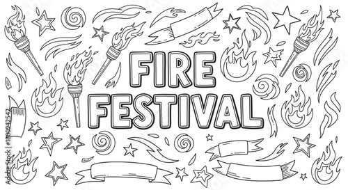 A large collection of hand-drawn festival doodles with central lettering, featuring burning torches, flames, stars, and banners in a black and white line art coloring page style