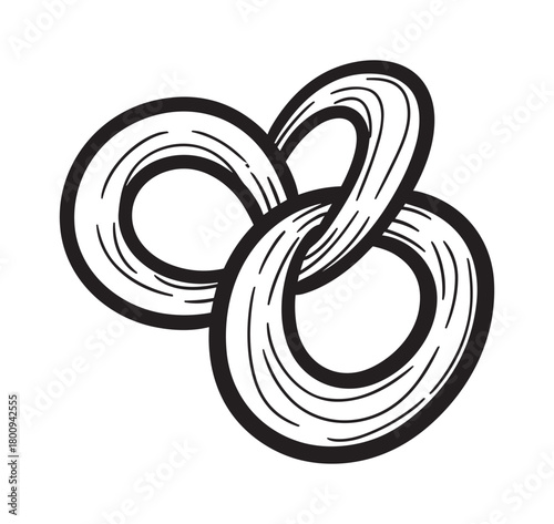 Abstract doodle of a complex knot with bold black lines, a monochrome sketch symbolizing eternity, connection, and endless loops, presented in a minimalist graphic style