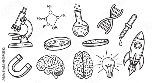 A collection of hand-drawn science icons including a microscope, DNA, brain, and rocket, representing research, innovation, and education in a simple doodle sketch style