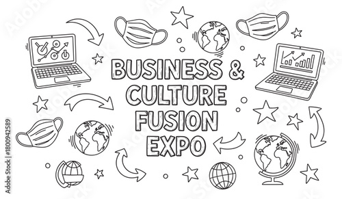 Hand-drawn doodle illustration for a global business and culture expo, with icons of laptops, globes, and face masks representing technology, connection, and health safety
