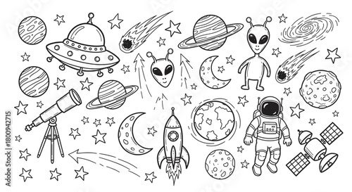 A collection of hand-drawn space-themed doodles including an astronaut, alien, UFO, rocket, and planets in a black line art style on a light background