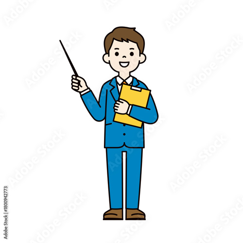 ポインターを持って説明する、スーツを着た若い男性の全身ベクターイラスト素材セット＿カラー