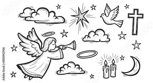 A collection of hand-drawn Christian religious symbols, including a trumpet angel, dove, cross, stars, and candles, rendered in a black line art doodle style on a cream background
