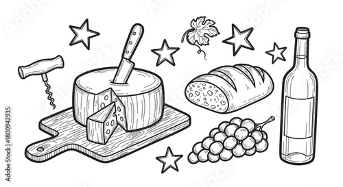 A collection of hand-drawn sketch illustrations featuring a wine and cheese platter with grapes, bread, and a corkscrew, perfect for gourmet food or restaurant concepts