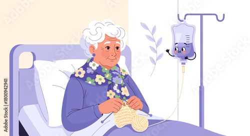 Elderly Patient Knitting Comfortably in Bed While Receiving Medical Treatment