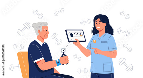 Elderly Patient Strength Assessment and Therapy Session Conducted by Professional