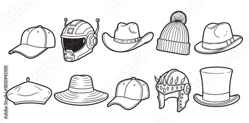 A diverse collection of various hats and helmets, including a baseball cap, cowboy hat, and sci-fi helmet, illustrated in a black and white line art doodle style on a white background