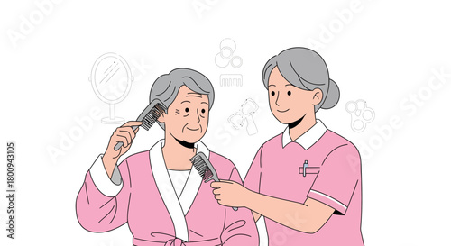 Elderly Woman Receives Assistance With Her Hair From A Caring Healthcare Professional