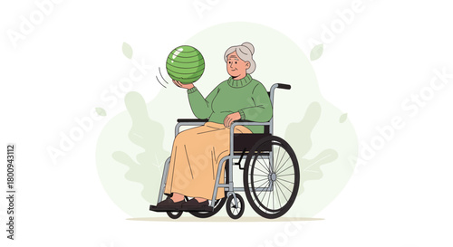 Elderly Woman Enjoying Physical Therapy Through Exercise With An Exercise Ball In Wheelchair