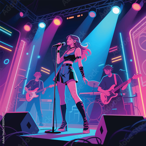 Woman With Band Performing On Stage Illustrator Artwork Banner Background Design Template 