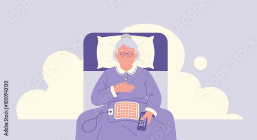 Elderly Woman Resting In Bed Using A Heating Pad For Comfort And Relaxation Illustration