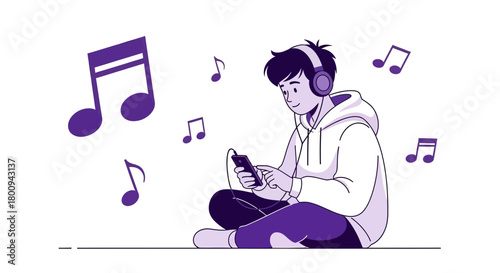 Enjoying Music: A Young Person Listening, Connecting, Smiling and Contemplating Musical Notes