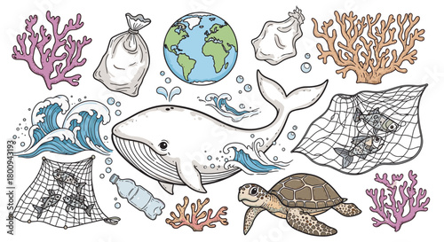 A collection of hand-drawn illustrations depicting the problem of ocean pollution with marine animals like a whale and turtle surrounded by plastic waste and fishing nets