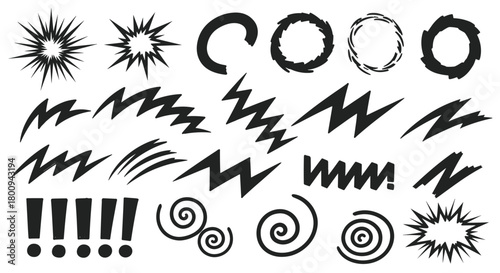 A diverse collection of hand-drawn black comic book action elements, including explosions, lightning bolts, and spirals, isolated on a white background for graphic design