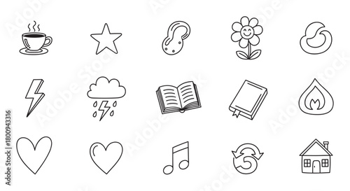 A charming collection of hand-drawn doodle icons in a simple black line art style, featuring symbols for home, love, weather, and reading, isolated on a white background