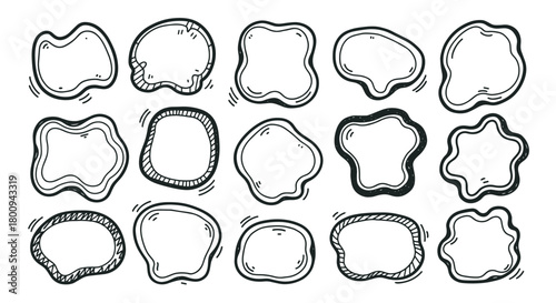 A collection of hand-drawn doodle frames and text boxes with irregular organic shapes, sketched in black ink on a white background, perfect for creative design elements