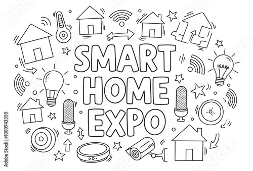 A black and white doodle illustration with 'Smart Home Expo' text surrounded by various technology icons like cameras, speakers, and lightbulbs, representing home automation and IoT