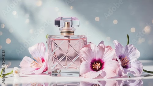 Elegant perfume bottle with delicate pink flowers and soft bokeh background