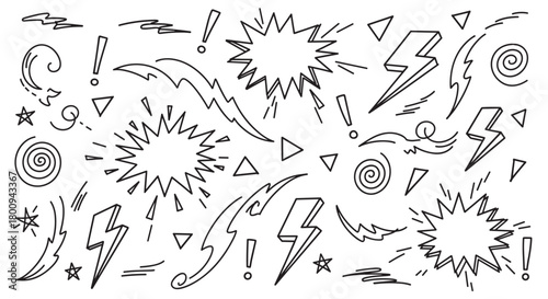 A hand-drawn set of black and white doodle elements in a comic book style, featuring explosions, lightning bolts, exclamation marks, and abstract shapes isolated on a white background