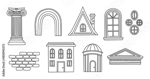 Minimalist black and white line art collection of various architectural elements, showcasing a classical column, house, arch, windows, and roof designs for creative projects