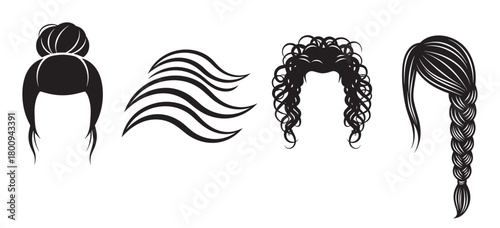 A minimalist black and white vector set of four different hair icons, featuring a top knot bun, wavy strands, curly texture, and a classic braid for beauty or salon concepts