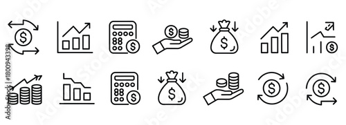 Visualize your financial success with these modern line icons depicting growth, investment, and money management, perfect for business presentations and website design showcasing prosperity