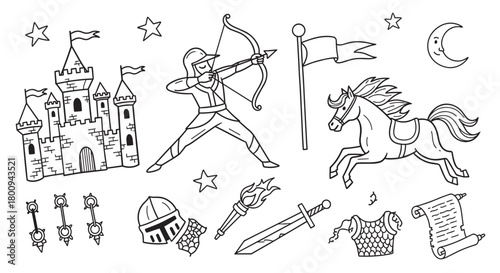 Charming set of doodle illustrations on a medieval theme featuring a fairytale castle, a brave female archer, a noble steed, and various knightly armor and weapons