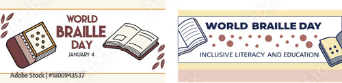 World Braille Day: A set of graphics dedicated to promoting the global awareness of Braille, the tactile system of reading and writing for the visually impaired. Featuring a book, dots, and a banner.