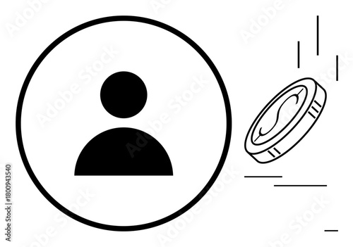 Black and white user profile icon alongside a falling coin. Ideal for finance, payments, rewards programs, user income, account management, savings, and investments. A simple flat metaphor