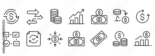 Unlock financial success with these modern line icons representing money flow, investment growth, and strategic financial planning, perfect for business and finance presentations