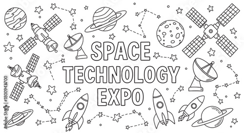 A fun and educational coloring page banner about space exploration and technology, with cartoon rockets, satellites, and planets drawn in a simple black outline style