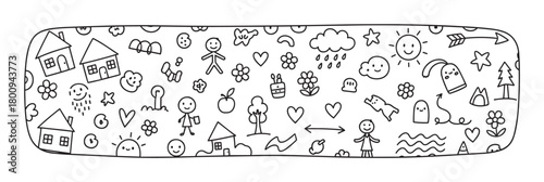 A charming set of naive, childlike black line art doodles featuring houses, people, sun, and nature elements arranged in a horizontal banner format on a clean white background