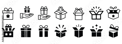 Unwrap delightful surprises with these charming gift box icons, perfect for adding a touch of celebration to your designs and conveying the joy of giving, receiving, and special occasions