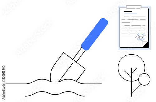 Shovel digging earth near a sapling with a clipboard illustrating environmental approval. Ideal for sustainability, ecology, compliance, green projects, conservation, planning, education. Simple flat