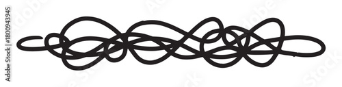 Chaotic black ink doodle featuring a continuous tangled line, creating an abstract graffiti-style scribble or complex knot design element isolated on a clean white background