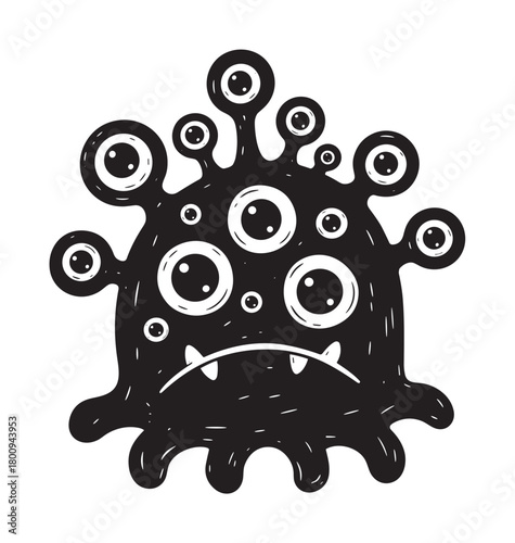 A quirky hand-drawn black and white illustration of a sad, blob-like monster with many eyes and a frowning face, isolated on a clean white background in a simple doodle style