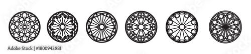A collection of six intricate black and white circular rose window designs in a Gothic architectural style, presented as a set of vector icons isolated on a white background