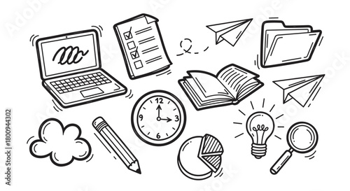 A collection of hand-drawn doodle icons representing business, education, and creativity concepts like planning, ideas, and research, isolated on a light background