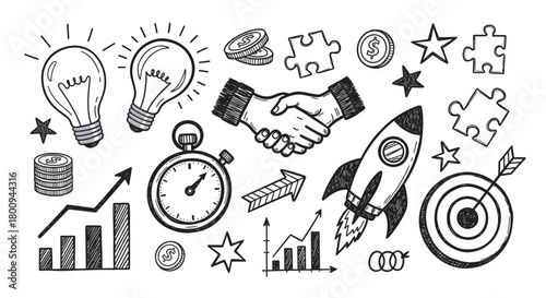 A collection of hand-drawn doodle icons representing business startup concepts like ideas, growth, partnership, and success, isolated on a light background