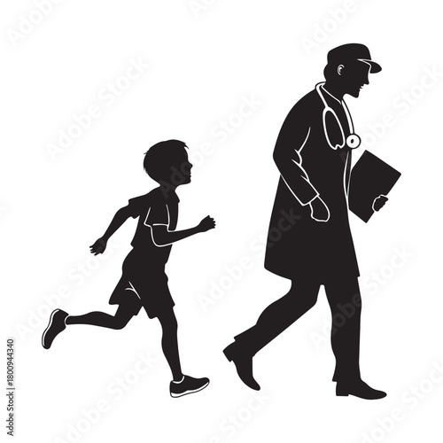 Pediatrician and running child silhouette Vector