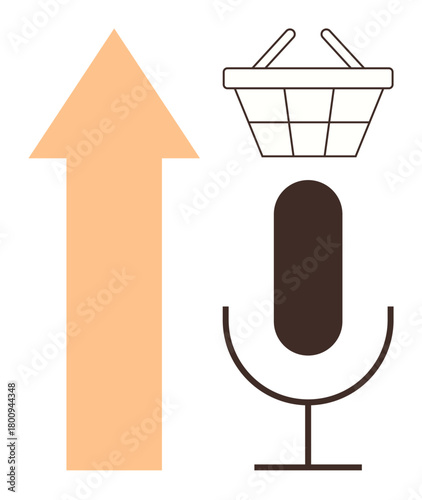 Upward arrow, microphone, and shopping basket represent voice-enabled e-commerce, growth, and technology trends. Ideal for innovation, retail, consumer behavior, AI convenience digital strategies