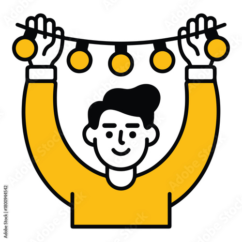 Smiling individual joyfully arranging and holding up a decorative string of bright yellow lights, symbolizing festive preparation and a cheerful ambiance for events and gatherings