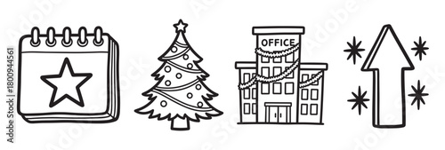 Doodle-style icon collection for corporate Christmas and New Year themes, featuring a festive office, holiday calendar, decorated tree, and a success arrow on a white background
