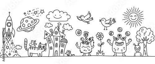 A whimsical black and white doodle banner featuring a fantasy world with cute monsters, a cat, an alien, a space rocket, and a smiling sun in a playful, hand-drawn style