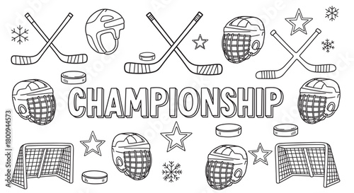 Hand-drawn black and white doodle set featuring ice hockey equipment like sticks, pucks, and helmets surrounding the word Championship in a winter sports theme illustration