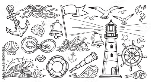 A collection of hand-drawn nautical elements including a lighthouse, anchor, ship's wheel, and waves, illustrated in a vintage doodle style for marine and adventure themes